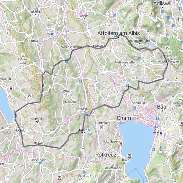 Mapa miniatúra "Okruh okolo Kappelu am Albis" cyklistická inšpirácia v Zürich, Switzerland. Vygenerované cyklistickým plánovačom trás Tarmacs.app