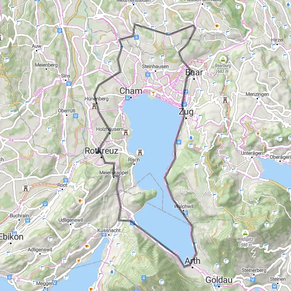 Zemljevid v pomanjšavi "Kolesarska avantura v bližini Hausen am Albis" kolesarske inspiracije v Zürich, Switzerland. Generirano z načrtovalcem kolesarskih poti Tarmacs.app