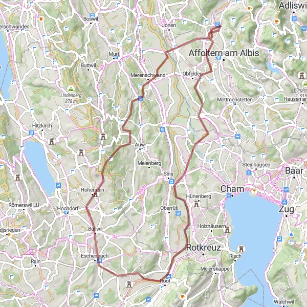 Zemljevid v pomanjšavi "Razgibana ruta skozi Obfelden in Zwillikon" kolesarske inspiracije v Zürich, Switzerland. Generirano z načrtovalcem kolesarskih poti Tarmacs.app