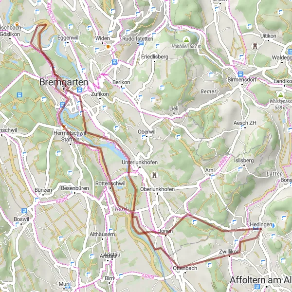 Miniatura della mappa di ispirazione al ciclismo "Percorso Gravel tra Rottenschwil e Hedingen" nella regione di Zürich, Switzerland. Generata da Tarmacs.app, pianificatore di rotte ciclistiche