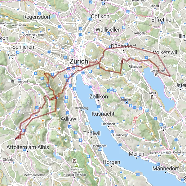 Miniatura della mappa di ispirazione al ciclismo "Giro in bicicletta gravel a Wettswil" nella regione di Zürich, Switzerland. Generata da Tarmacs.app, pianificatore di rotte ciclistiche