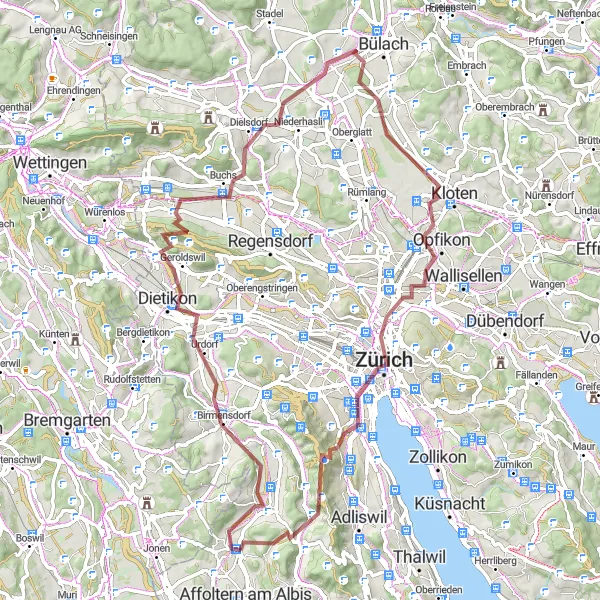 Miniatura della mappa di ispirazione al ciclismo "Giro Gravel dei Colli di Zurigo" nella regione di Zürich, Switzerland. Generata da Tarmacs.app, pianificatore di rotte ciclistiche