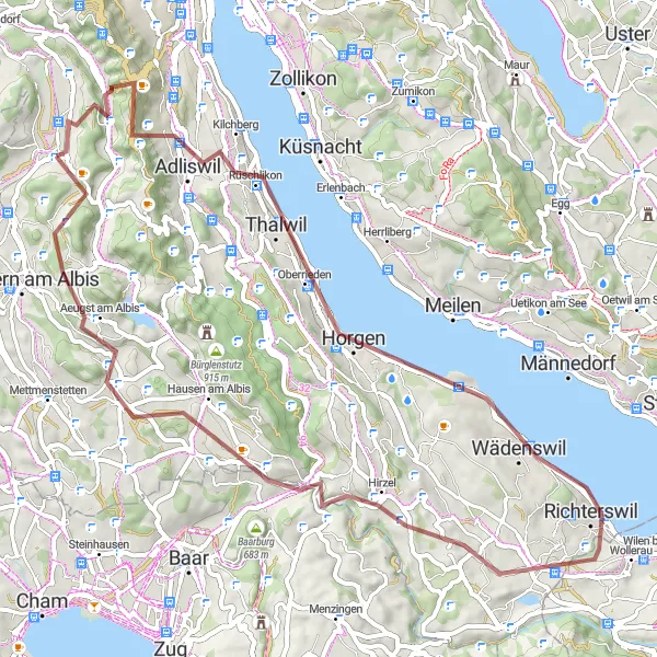 Mapa miniatúra "Gravel cyklistická trasa cez východné pobrežie Zürichského jazera" cyklistická inšpirácia v Zürich, Switzerland. Vygenerované cyklistickým plánovačom trás Tarmacs.app