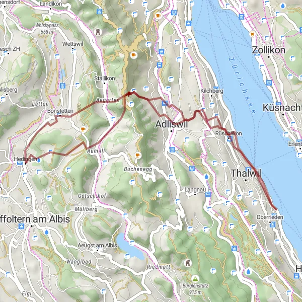 Miniatua del mapa de inspiración ciclista "Ruta de grava por Entlisberg y Kilchberg" en Zürich, Switzerland. Generado por Tarmacs.app planificador de rutas ciclistas