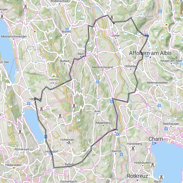 Miniatura della mappa di ispirazione al ciclismo "Giro in bicicletta tra Obfelden e Hedingen" nella regione di Zürich, Switzerland. Generata da Tarmacs.app, pianificatore di rotte ciclistiche