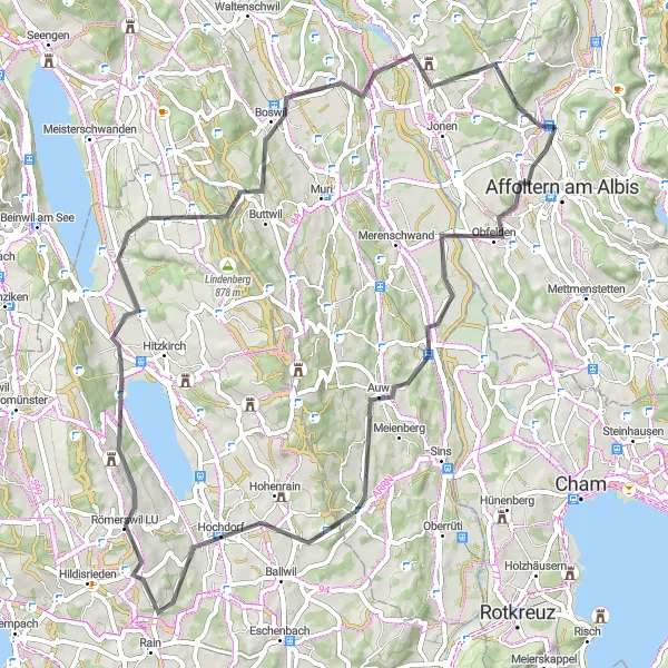 Miniatura della mappa di ispirazione al ciclismo "Giro Panoramico della Campagna zurighese" nella regione di Zürich, Switzerland. Generata da Tarmacs.app, pianificatore di rotte ciclistiche