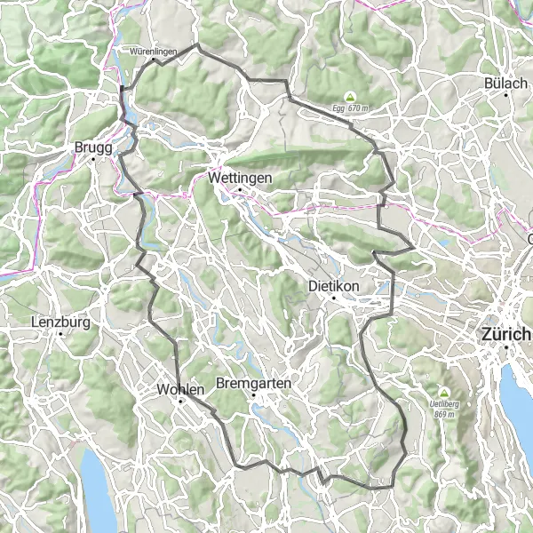 Mapa miniatúra "Road Adventure through Countryside" cyklistická inšpirácia v Zürich, Switzerland. Vygenerované cyklistickým plánovačom trás Tarmacs.app