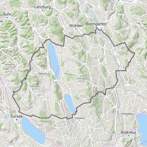 Miniatura della mappa di ispirazione al ciclismo "Avventura ciclistica tra Obfelden e Unterlunkhofen" nella regione di Zürich, Switzerland. Generata da Tarmacs.app, pianificatore di rotte ciclistiche