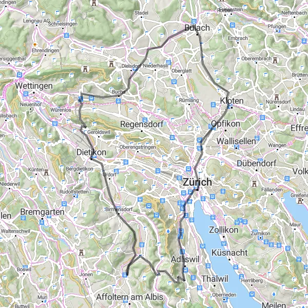 Mapa miniatúra "Scenic Road Cycling Route" cyklistická inšpirácia v Zürich, Switzerland. Vygenerované cyklistickým plánovačom trás Tarmacs.app