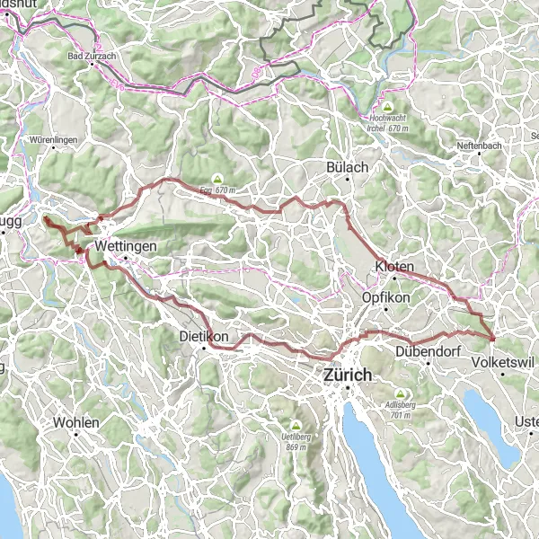 Zemljevid v pomanjšavi "Gravel avantura skozi naravo" kolesarske inspiracije v Zürich, Switzerland. Generirano z načrtovalcem kolesarskih poti Tarmacs.app