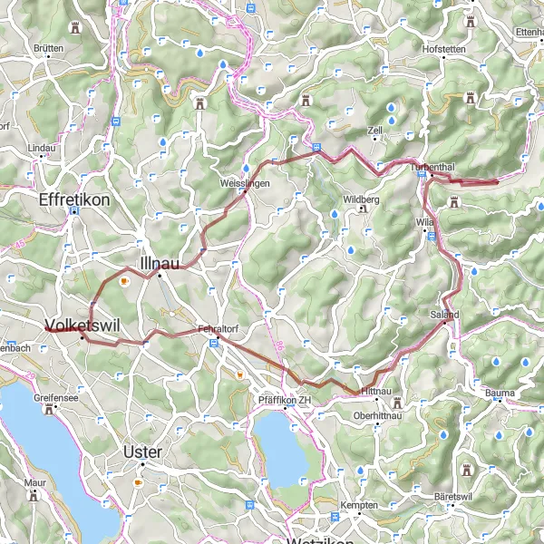 Miniatura della mappa di ispirazione al ciclismo "Giro in Gravel tra Hegnau e Gutenswil" nella regione di Zürich, Switzerland. Generata da Tarmacs.app, pianificatore di rotte ciclistiche