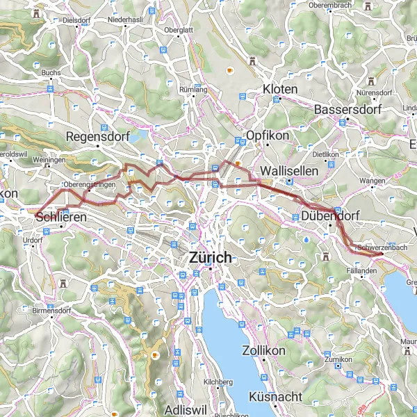 Zemljevid v pomanjšavi "Raziščite čarobnost Schwerzenbacha in Oerlikona" kolesarske inspiracije v Zürich, Switzerland. Generirano z načrtovalcem kolesarskih poti Tarmacs.app