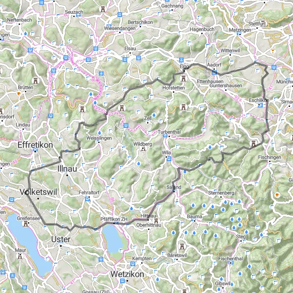 Miniatua del mapa de inspiración ciclista "Ruta a lo largo de Hegnau" en Zürich, Switzerland. Generado por Tarmacs.app planificador de rutas ciclistas