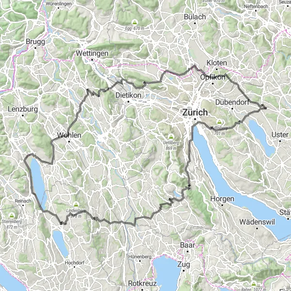Miniatua del mapa de inspiración ciclista "Ruta de ciclismo de carretera desafiante desde Hegnau" en Zürich, Switzerland. Generado por Tarmacs.app planificador de rutas ciclistas