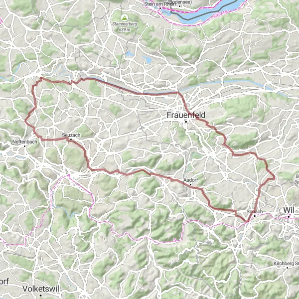 Miniatua del mapa de inspiración ciclista "Ruta por Hünikon y Münchwilen TG" en Zürich, Switzerland. Generado por Tarmacs.app planificador de rutas ciclistas