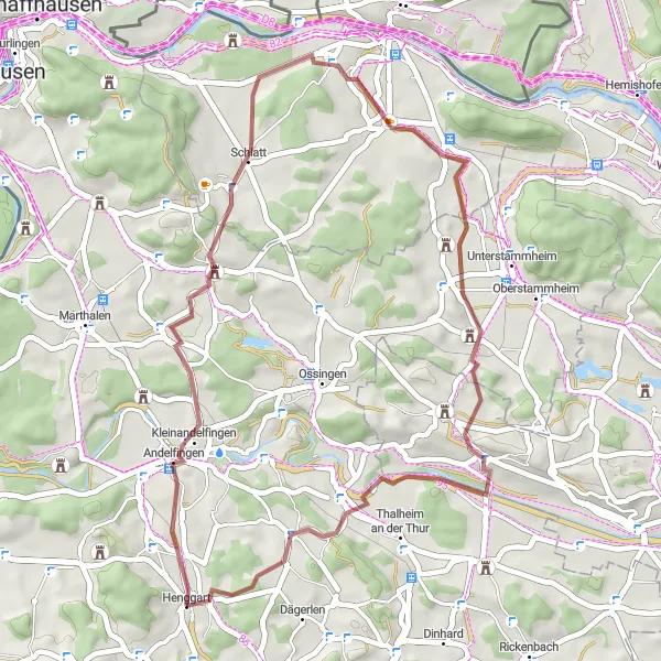 Kartminiatyr av "Utforsk grusveier og landsbyer rundt Henggart" sykkelinspirasjon i Zürich, Switzerland. Generert av Tarmacs.app sykkelrutoplanlegger