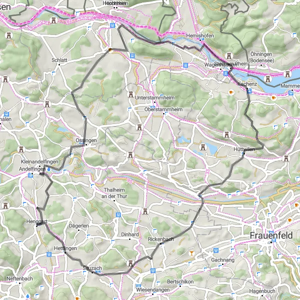 Karttaminiaatyyri "Rheinklingen and Ellikon loop" pyöräilyinspiraatiosta alueella Zürich, Switzerland. Luotu Tarmacs.app pyöräilyreittisuunnittelijalla