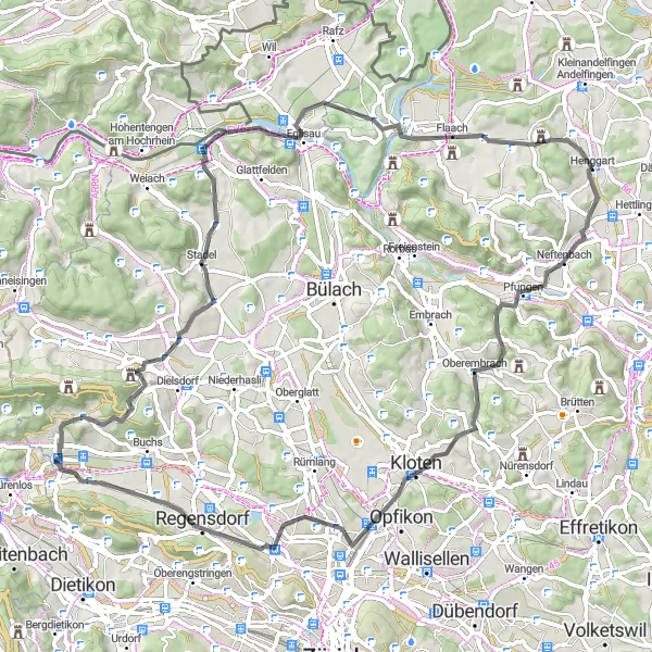 Kartminiatyr av "Landsvägscykling runt Henggart" cykelinspiration i Zürich, Switzerland. Genererad av Tarmacs.app cykelruttplanerare