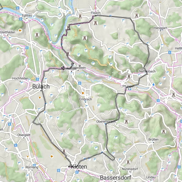 Kartminiatyr av "Kulturell cykeltur till Flaach" cykelinspiration i Zürich, Switzerland. Genererad av Tarmacs.app cykelruttplanerare