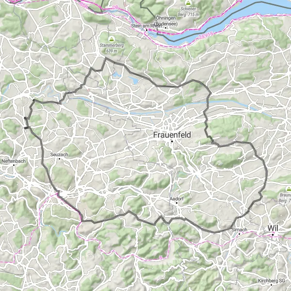 Zemljevid v pomanjšavi "Razgibana kolesarska pot po cestah v bližini Henggarta" kolesarske inspiracije v Zürich, Switzerland. Generirano z načrtovalcem kolesarskih poti Tarmacs.app