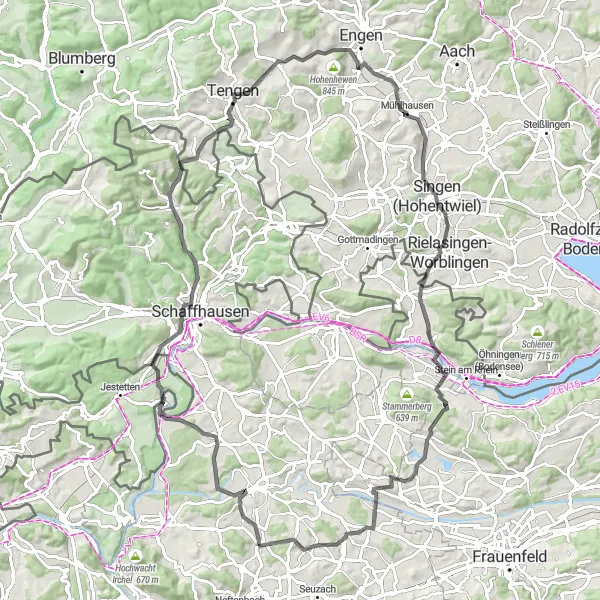 Kartminiatyr av "Vacker landsväg runt Hohenhewen" cykelinspiration i Zürich, Switzerland. Genererad av Tarmacs.app cykelruttplanerare