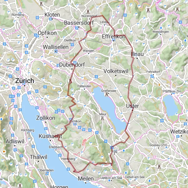 Miniaturní mapa "Gravel Trasa: Herrliberg - Küsnacht - Föhrlibuck - Uster - Egg - Burgruine Friedberg" inspirace pro cyklisty v oblasti Zürich, Switzerland. Vytvořeno pomocí plánovače tras Tarmacs.app
