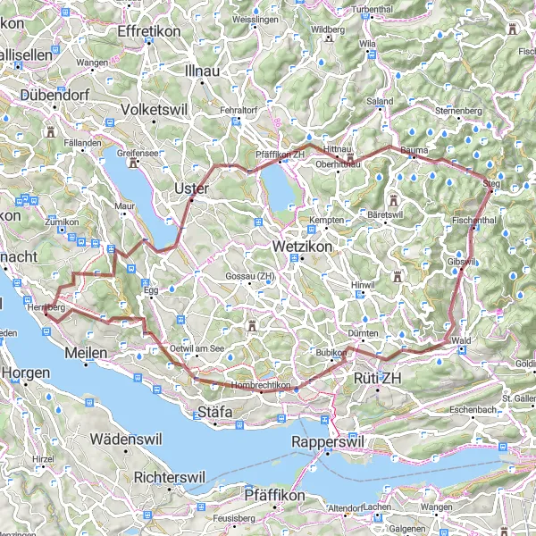 Miniatuurkaart van de fietsinspiratie "Uster - Feldmeilen Grindavontuur" in Zürich, Switzerland. Gemaakt door de Tarmacs.app fietsrouteplanner