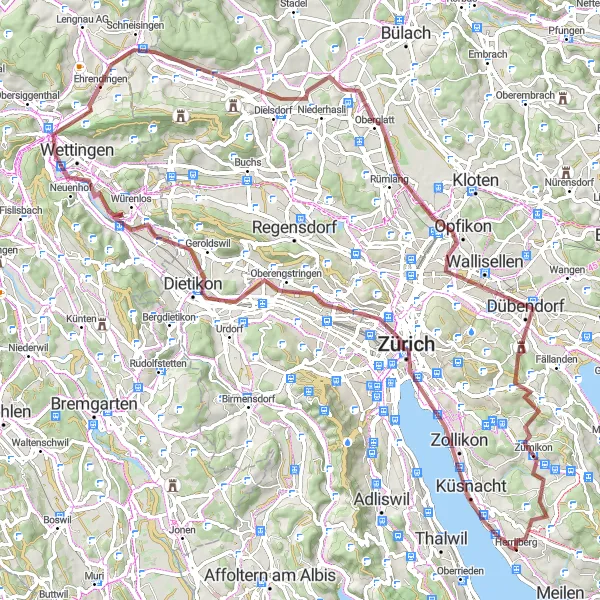 Zemljevid v pomanjšavi "Calypso Gravel Adventure" kolesarske inspiracije v Zürich, Switzerland. Generirano z načrtovalcem kolesarskih poti Tarmacs.app