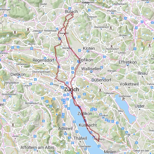 Map miniature of "Zurich Loop" cycling inspiration in Zürich, Switzerland. Generated by Tarmacs.app cycling route planner