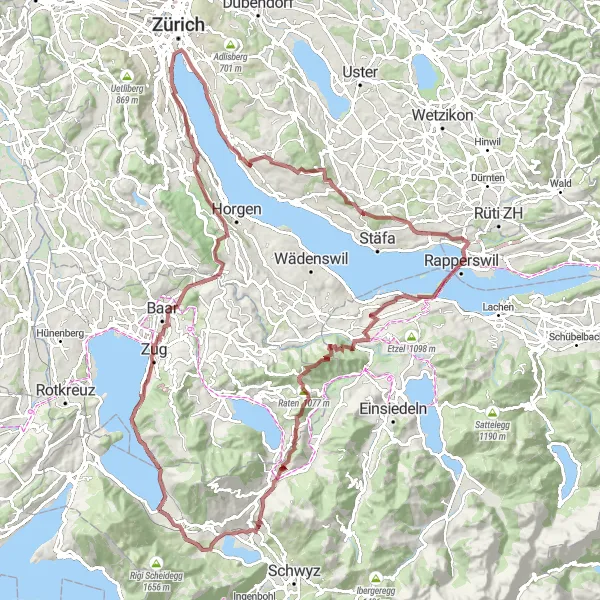 Mapa miniatúra "Gravel Adventure through Lake Zurich and Surroundings" cyklistická inšpirácia v Zürich, Switzerland. Vygenerované cyklistickým plánovačom trás Tarmacs.app