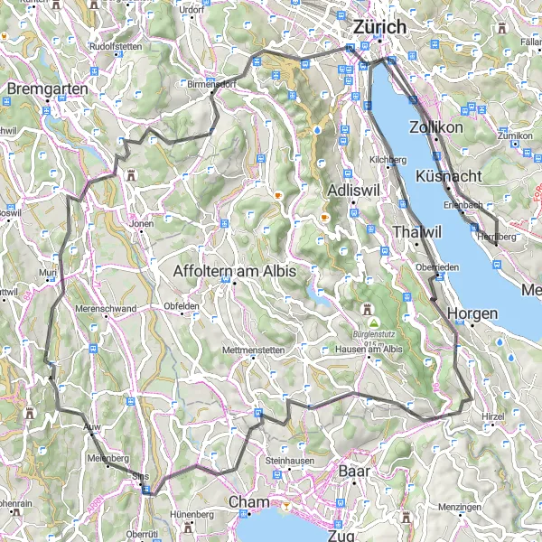 Kartminiatyr av "Utforskning av landeveiens skjønnhet rundt Zürich" sykkelinspirasjon i Zürich, Switzerland. Generert av Tarmacs.app sykkelrutoplanlegger