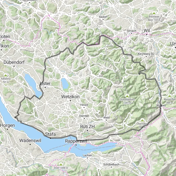 Miniatura della mappa di ispirazione al ciclismo "Avventura in bicicletta tra le montagne e i villaggi di Herrliberg" nella regione di Zürich, Switzerland. Generata da Tarmacs.app, pianificatore di rotte ciclistiche