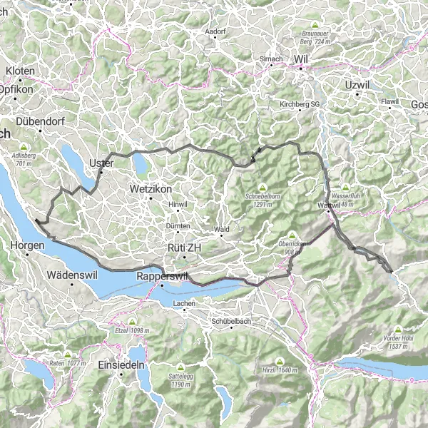 Kartminiatyr av "Herrliberg - Uster - Känzeli - Stoffel - Bauma - Johannenböl - Bütschwil - Wattwil - Iberg - Krummenau - Schmerikon - Lindenhof - Stäfa - Meilen - Durst - Herrliberg" sykkelinspirasjon i Zürich, Switzerland. Generert av Tarmacs.app sykkelrutoplanlegger