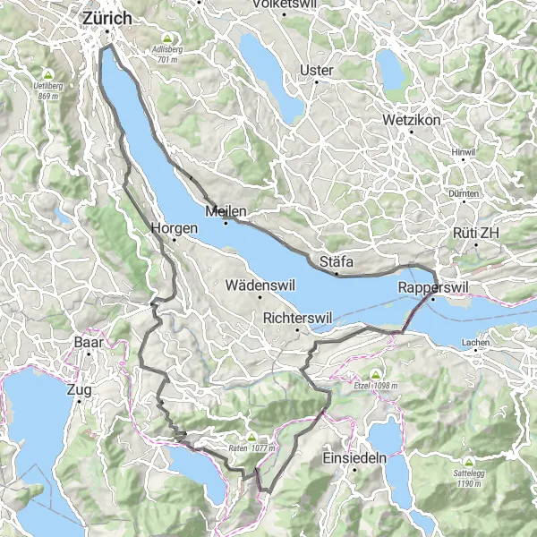 Zemljevid v pomanjšavi "Pot okoli Züricha s povzpetki" kolesarske inspiracije v Zürich, Switzerland. Generirano z načrtovalcem kolesarskih poti Tarmacs.app