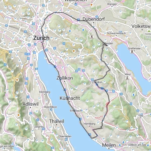 Miniatura della mappa di ispirazione al ciclismo "Esplorazione delle Colline dell'Unterland" nella regione di Zürich, Switzerland. Generata da Tarmacs.app, pianificatore di rotte ciclistiche