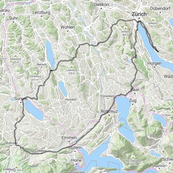 Map miniature of "Zürich Lake and Alpine Adventure" cycling inspiration in Zürich, Switzerland. Generated by Tarmacs.app cycling route planner