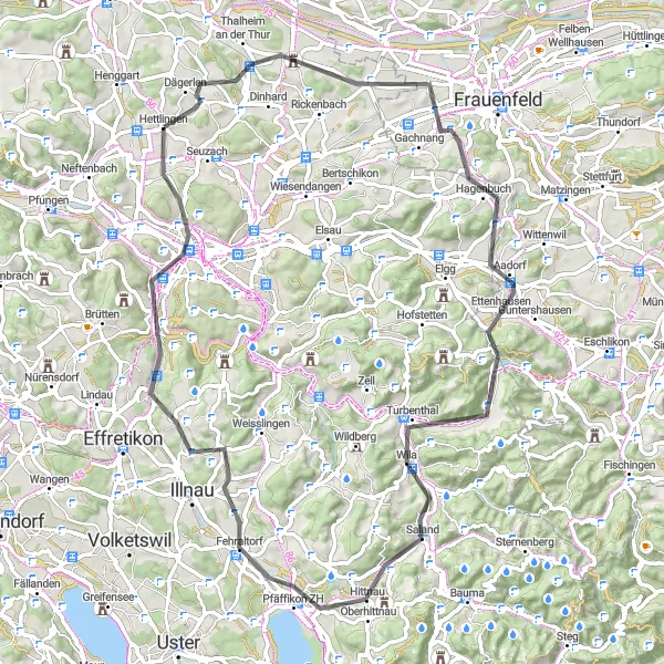 Miniatura della mappa di ispirazione al ciclismo "Giro in bicicletta attraverso Pfäffikersee e Winterthur" nella regione di Zürich, Switzerland. Generata da Tarmacs.app, pianificatore di rotte ciclistiche