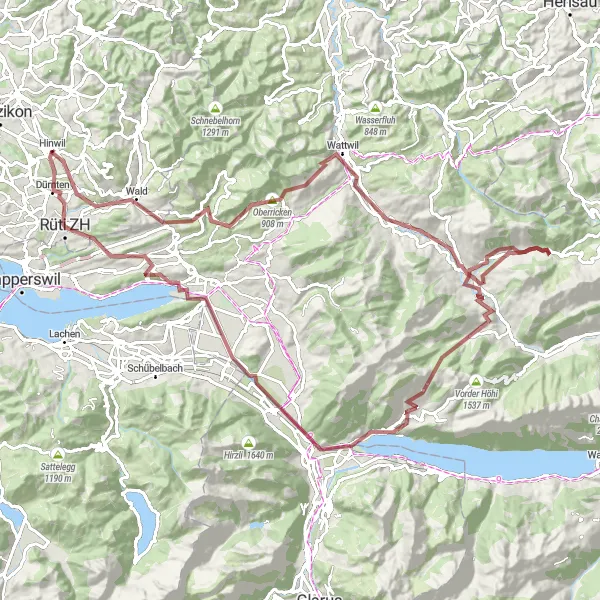 Map miniature of "Around Hinwil: Exploring the Gravel Paths" cycling inspiration in Zürich, Switzerland. Generated by Tarmacs.app cycling route planner