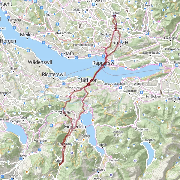 Karttaminiaatyyri "Hinwil - Rüti Gravel Adventure" pyöräilyinspiraatiosta alueella Zürich, Switzerland. Luotu Tarmacs.app pyöräilyreittisuunnittelijalla