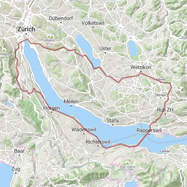 Zemljevid v pomanjšavi "Gravlanje do Züricha" kolesarske inspiracije v Zürich, Switzerland. Generirano z načrtovalcem kolesarskih poti Tarmacs.app