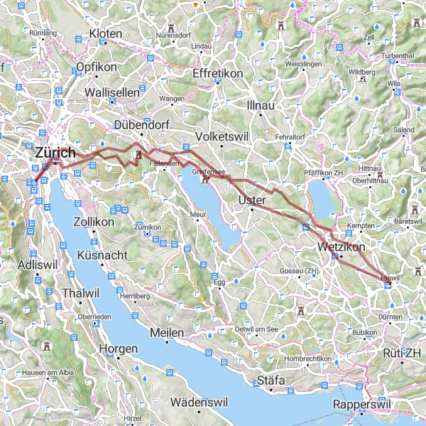 Zemljevid v pomanjšavi "Gorsko kolesarjenje iz Hinwila do Usterja" kolesarske inspiracije v Zürich, Switzerland. Generirano z načrtovalcem kolesarskih poti Tarmacs.app