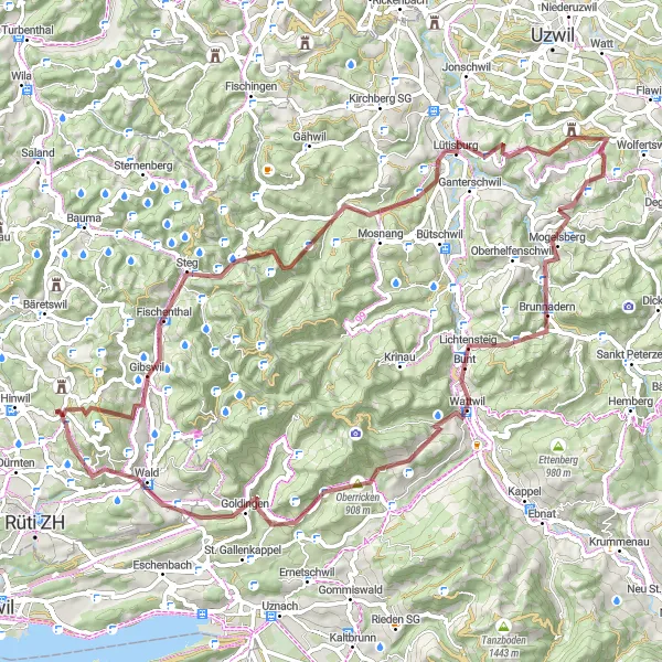 Map miniature of "Gravel Adventure: Hinwil to Wildbach-Wasserfall" cycling inspiration in Zürich, Switzerland. Generated by Tarmacs.app cycling route planner