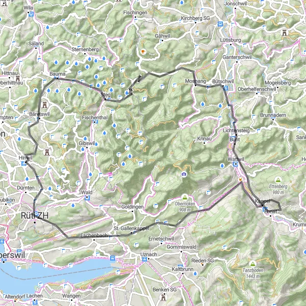 Map miniature of "Road Cycling Adventure near Hinwil" cycling inspiration in Zürich, Switzerland. Generated by Tarmacs.app cycling route planner