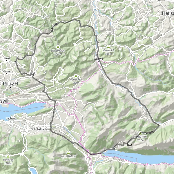 Map miniature of "Challenging Road Ride with Breathtaking Scenery" cycling inspiration in Zürich, Switzerland. Generated by Tarmacs.app cycling route planner
