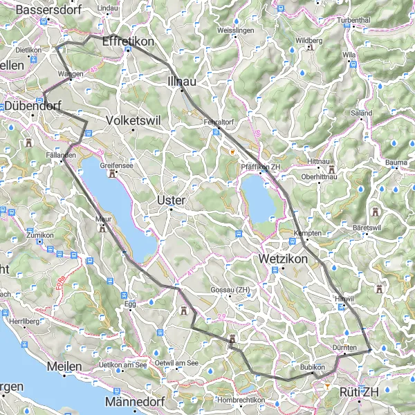Karten-Miniaturansicht der Radinspiration "Panoramische Road-Tour von Hinwil" in Zürich, Switzerland. Erstellt vom Tarmacs.app-Routenplaner für Radtouren