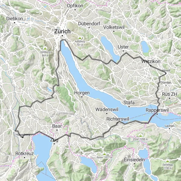 Miniatua del mapa de inspiración ciclista "Ruta Escénica de Hinwil a Zúrich" en Zürich, Switzerland. Generado por Tarmacs.app planificador de rutas ciclistas