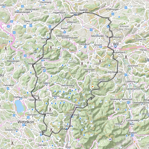 Karttaminiaatyyri "Hinwil - Elgg - Wilen bei Wil - Fischenthal - Girenbad - Hinwil" pyöräilyinspiraatiosta alueella Zürich, Switzerland. Luotu Tarmacs.app pyöräilyreittisuunnittelijalla