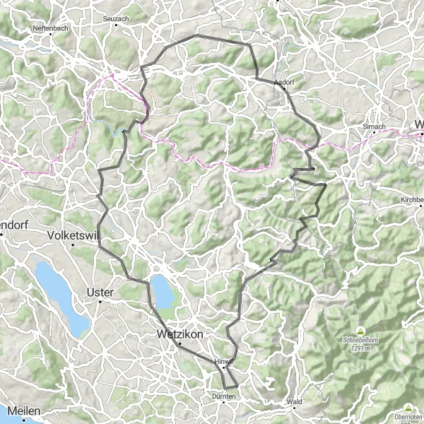 Miniatura della mappa di ispirazione al ciclismo "Itinerario ciclabile panoramico da Hinwil" nella regione di Zürich, Switzerland. Generata da Tarmacs.app, pianificatore di rotte ciclistiche