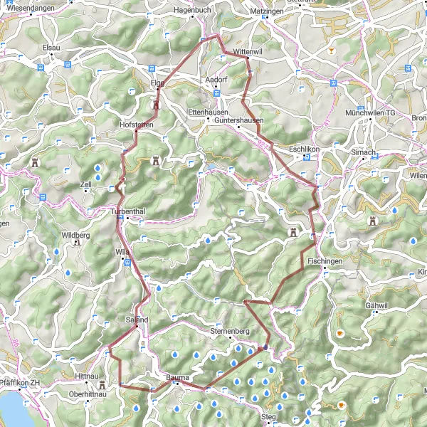 Miniature de la carte de l'inspiration cycliste "Tour du Chateau de Hittanu et ses Environs" dans la Zürich, Switzerland. Générée par le planificateur d'itinéraire cycliste Tarmacs.app