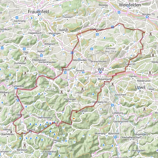 Miniatura della mappa di ispirazione al ciclismo "Tour in gravel da Wila a Stoffel" nella regione di Zürich, Switzerland. Generata da Tarmacs.app, pianificatore di rotte ciclistiche